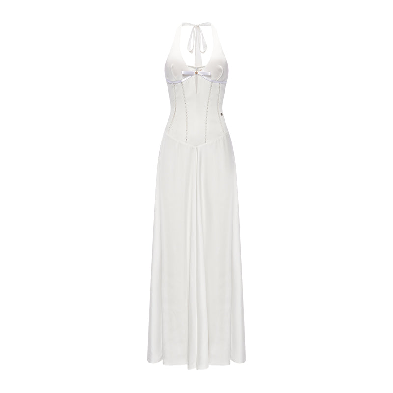 Sheer Luck Tasman V-Neck Cutout Waisted Neck Midi Dress (White)