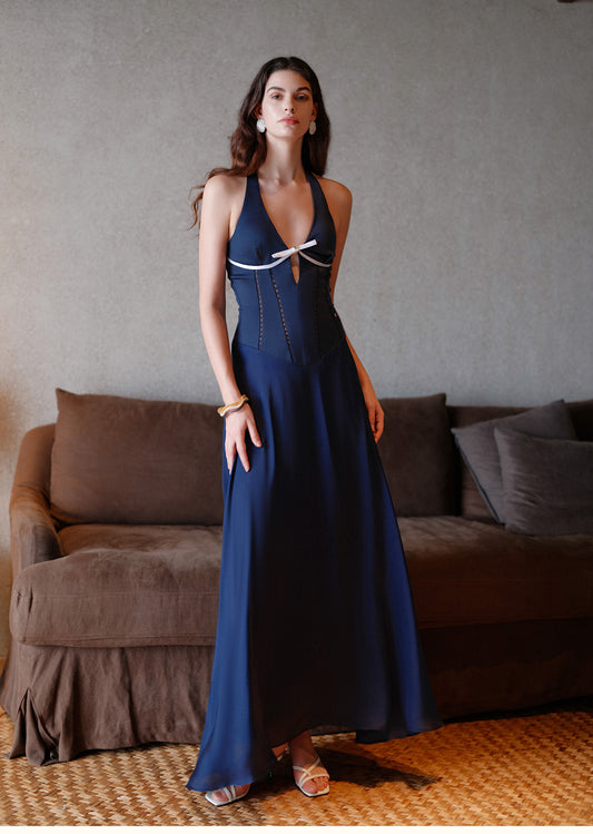 Sheer Luck Tasman V-Neck Cutout Waisted Neck Midi Dress (Navy Blue)