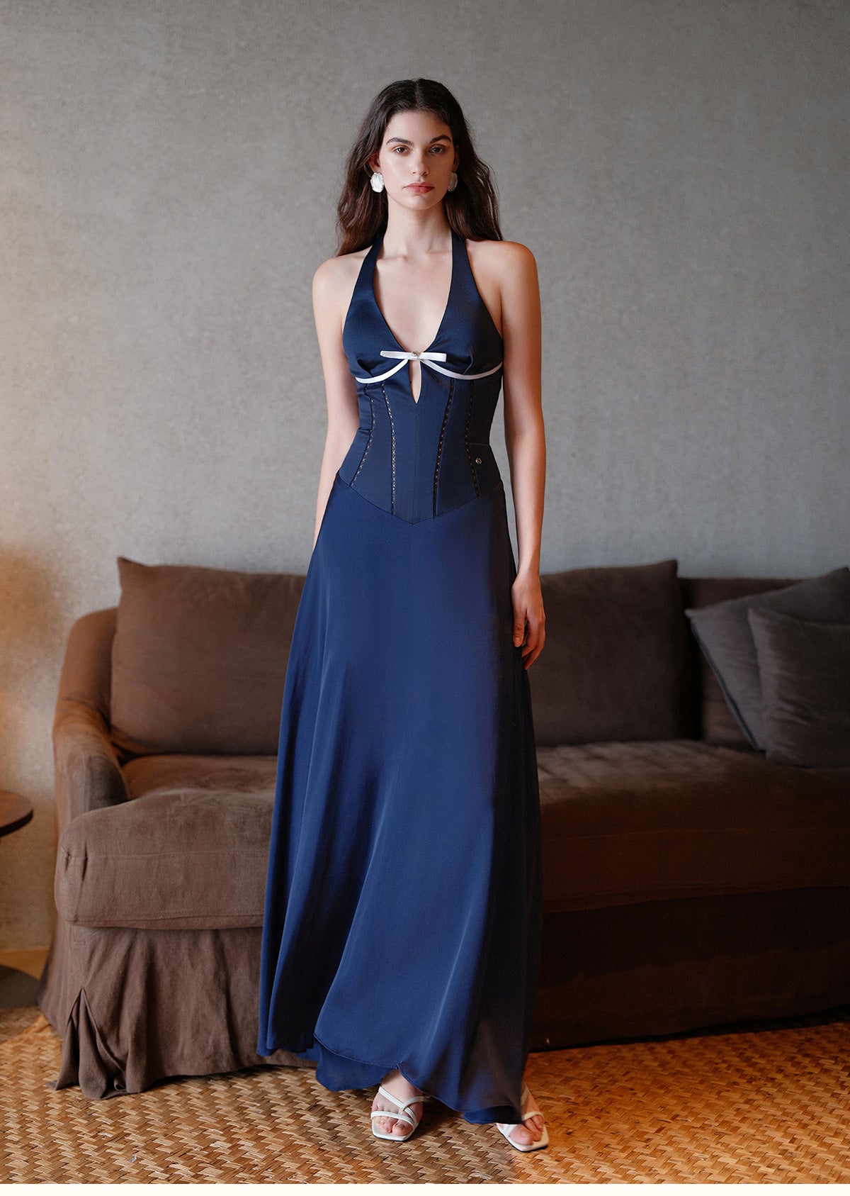 Sheer Luck Tasman V-Neck Cutout Waisted Neck Midi Dress (Navy Blue