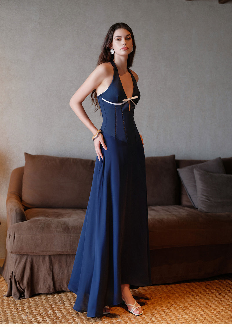 Sheer Luck Tasman V-Neck Cutout Waisted Neck Midi Dress (Navy Blue) L (Pre Order 5-10 Days) Sheer Luck Tasman V-Neck Cutout Waisted Neck Midi Dress (Navy Blue) L (Pre Order 5-10 Days)