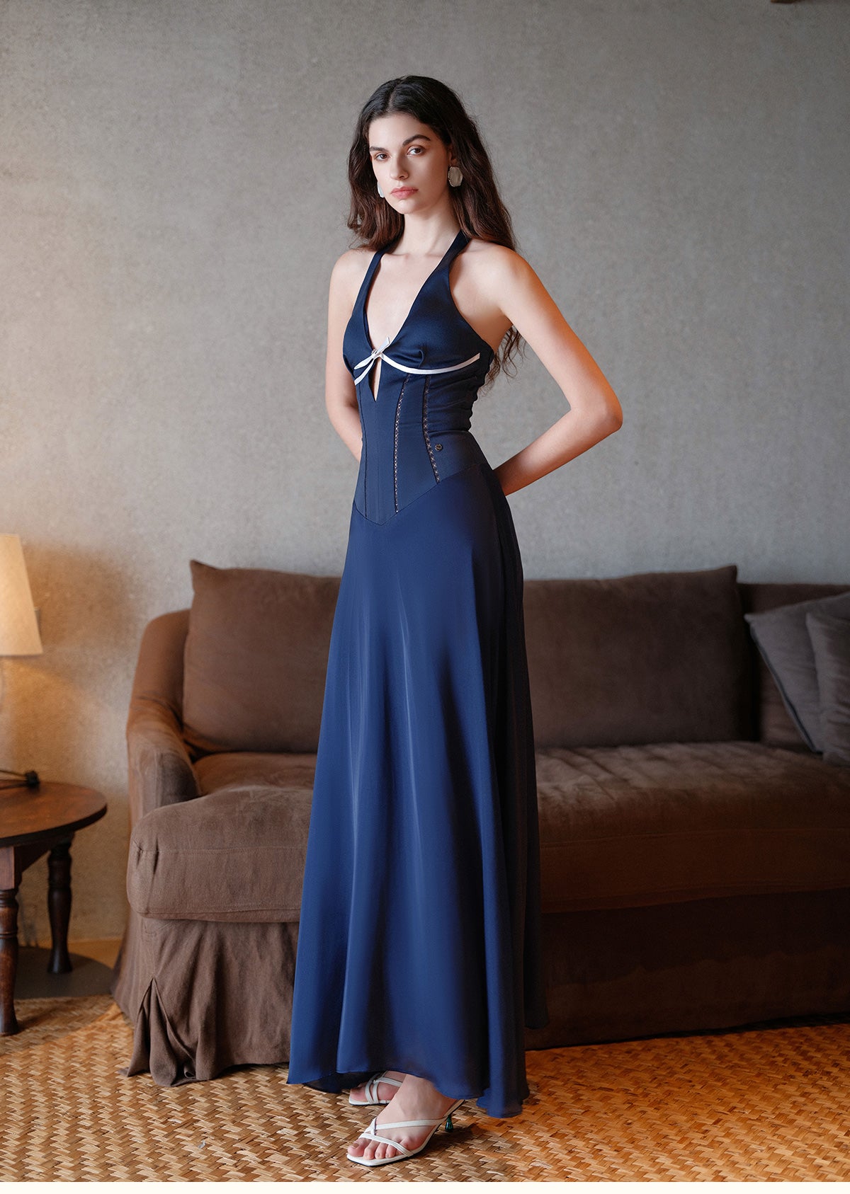 Sheer Luck Tasman V-Neck Cutout Waisted Neck Midi Dress (Navy Blue)