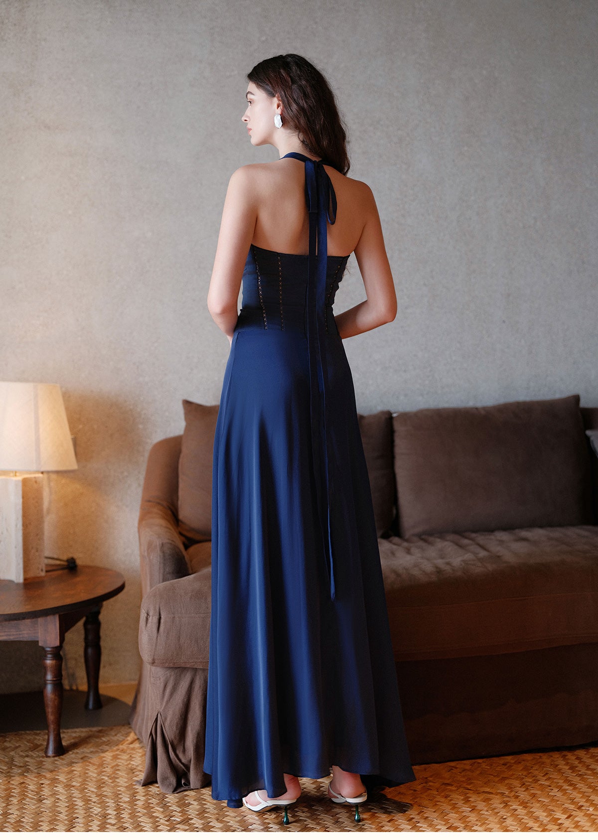 Sheer Luck Tasman V-Neck Cutout Waisted Neck Midi Dress (Navy Blue)