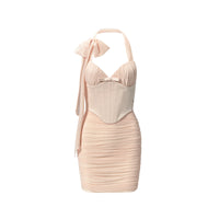 Sheer Luck Rosetta Mesh Halter Neck Pleated Corset Skirt (Creme Pink)