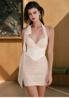 Sheer Luck Rosetta Mesh Halter Neck Pleated Corset Skirt (Creme Pink)