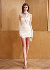 Sheer Luck Monaco Satin and Lace Flutter Sleeve Dress (Cream)