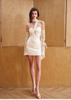 Sheer Luck Monaco Satin and Lace Flutter Sleeve Dress (Cream)
