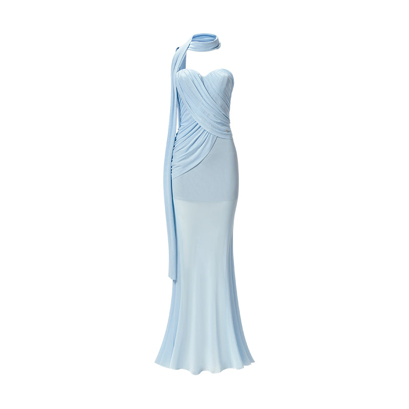 Sheer Luck Kira Mesh Flutter Ruffle Ruffle Maxi Dress Dress (Blue) S Sheer Luck Kira Mesh Flutter Ruffle Ruffle Maxi Dress Dress (Blue) S