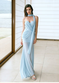 Sheer Luck Kira Mesh Flutter Ruffle Ruffle Maxi Dress Dress (Blue)