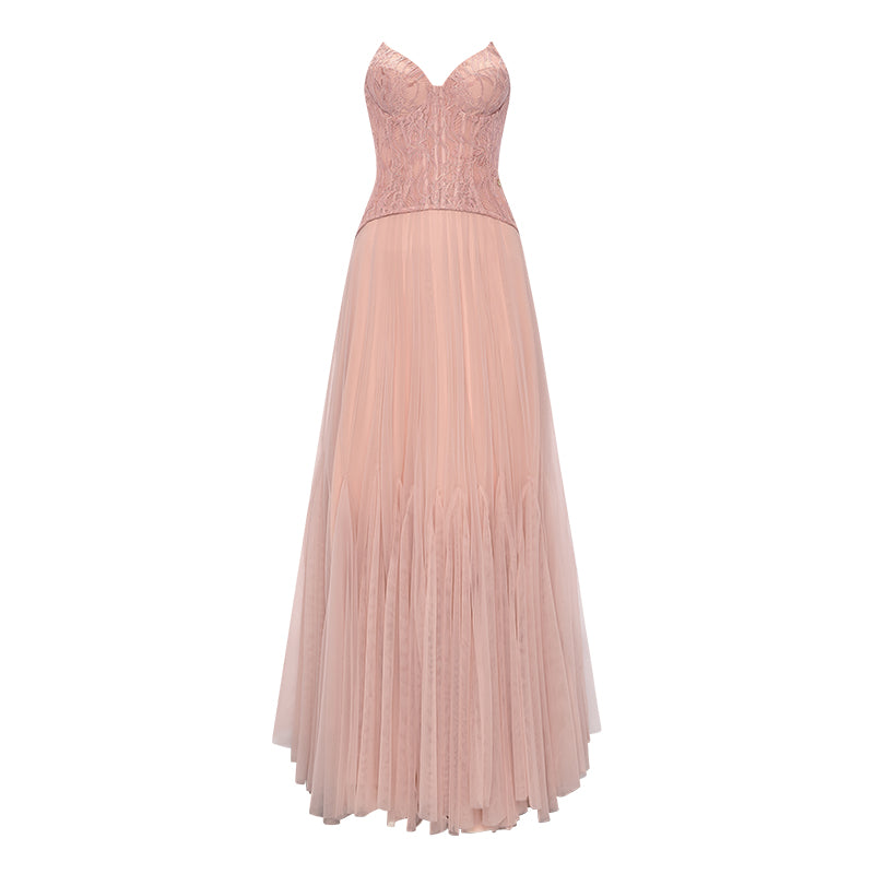 Sheer Luck Wavy Lace Corset Sheath Hem Mesh Dress (Rose Pink