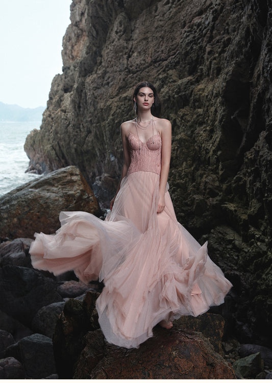 Sheer Luck Wavy Lace Corset Sheath Hem Mesh Dress (Rose Pink)