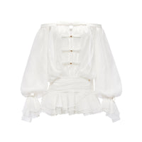 Sheer Luck See Off-Shoulder Bubble Puffy Panty Mini Dress (White)