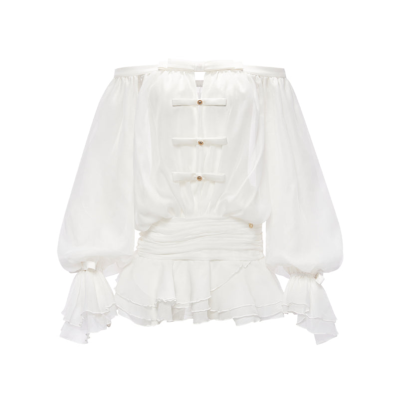 Sheer Luck See Off-Shoulder Bubble Puffy Panty Mini Dress (White)