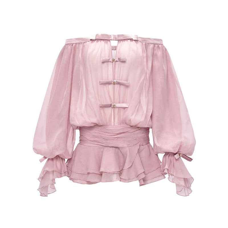 Sheer Luck See Off-Shoulder Bubble Puffy Panty Mini Dress (Pink)