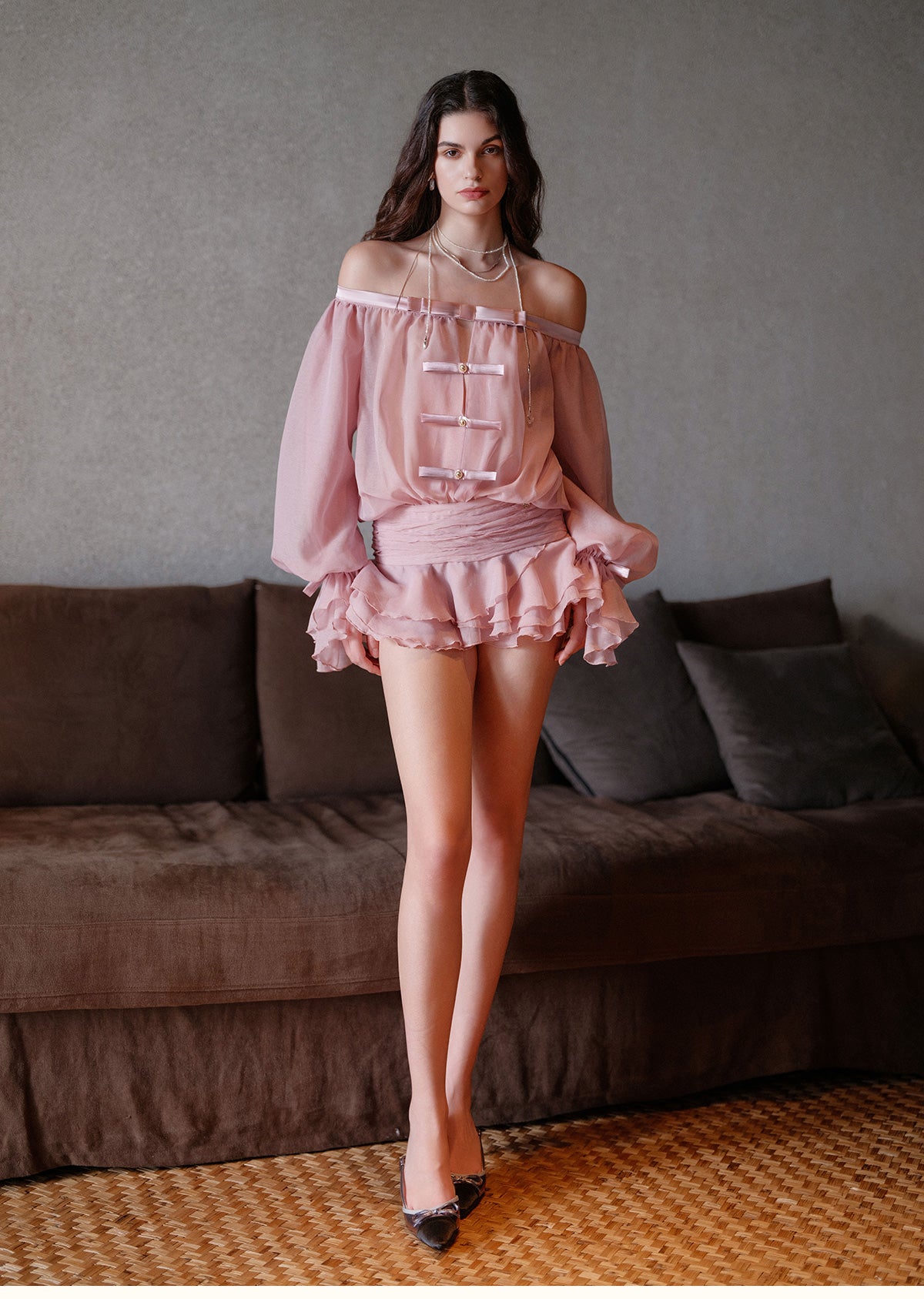 Sheer Luck See Off-Shoulder Bubble Puffy Panty Mini Dress (Pink)