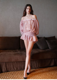 Sheer Luck See Off-Shoulder Bubble Puffy Panty Mini Dress (Pink)