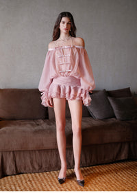 Sheer Luck See Off-Shoulder Bubble Puffy Panty Mini Dress (Pink)