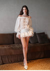 Sheer Luck See Off-Shoulder Bubble Puffy Panty Mini Dress (White)