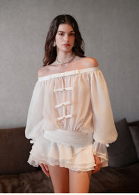 Sheer Luck See Off-Shoulder Bubble Puffy Panty Mini Dress (White)