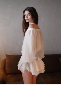 Sheer Luck See Off-Shoulder Bubble Puffy Panty Mini Dress (White)