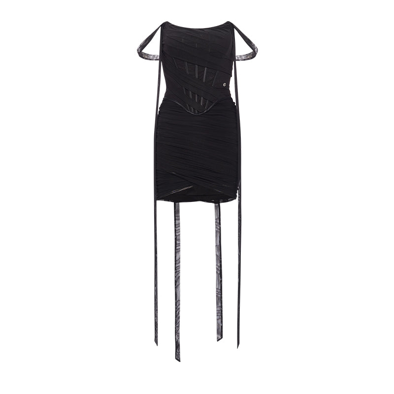 Sheer Luck Nyree Mesh Flutter Belt Off-Shoulder Wrap Mini Dress (Black)