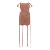 Sheer Luck Nyree Mesh Flutter Belt Off-Shoulder Wrap Mini Dress (Brown)