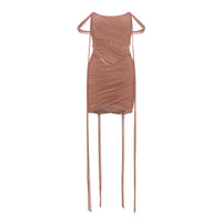 Sheer Luck Nyree Mesh Flutter Belt Off-Shoulder Wrap Mini Dress (Brown)
