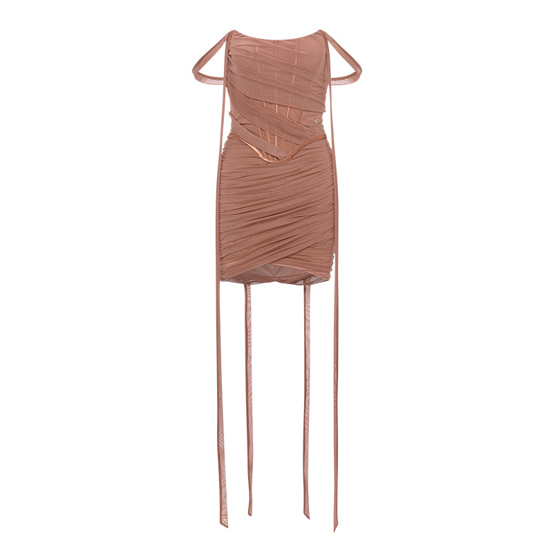 Sheer Luck Nyree Mesh Flutter Belt Off-Shoulder Wrap Mini Dress (Brown)