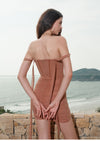 Sheer Luck Nyree Mesh Flutter Belt Off-Shoulder Wrap Mini Dress (Brown)
