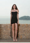 Sheer Luck Nyree Mesh Flutter Belt Off-Shoulder Wrap Mini Dress (Black)