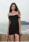 Sheer Luck Nyree Mesh Flutter Belt Off-Shoulder Wrap Mini Dress (Black)