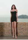Sheer Luck Nyree Mesh Flutter Belt Off-Shoulder Wrap Mini Dress (Black)
