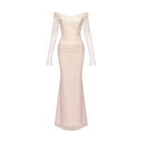 Sheer Luck Aurora Off-Shoulder MeshStretchy Corset Maxi Dress (White)