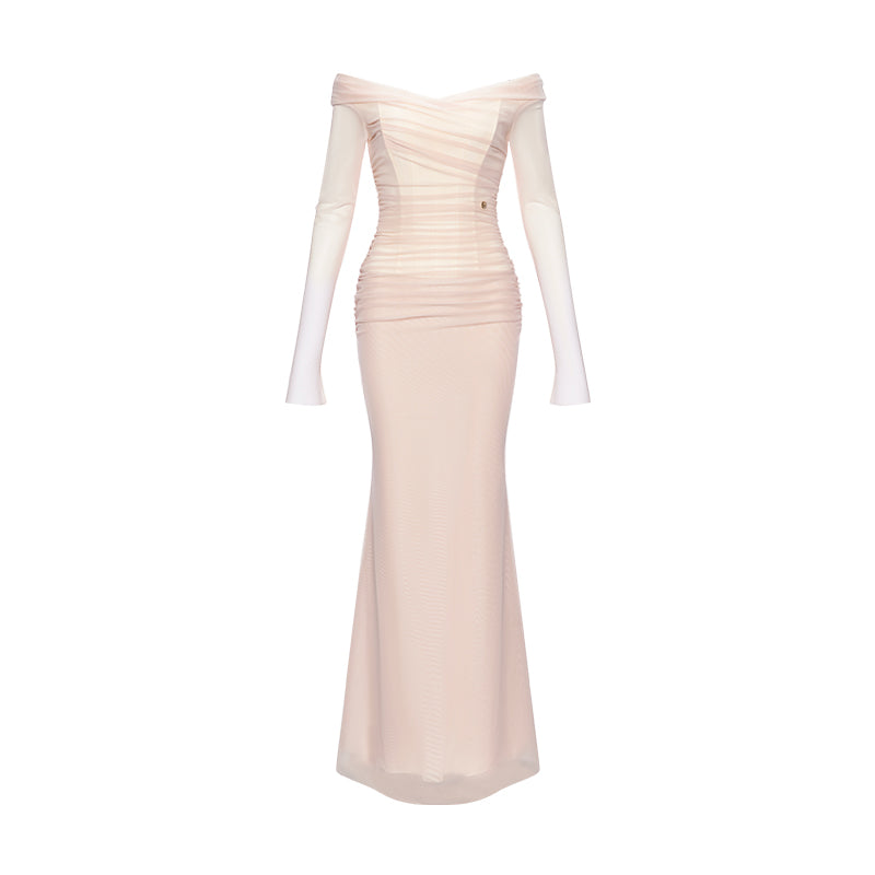 Sheer Luck Aurora Off-Shoulder MeshStretchy Corset Maxi Dress (White)