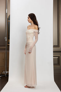 Sheer Luck Aurora Off-Shoulder MeshStretchy Corset Maxi Dress (White)