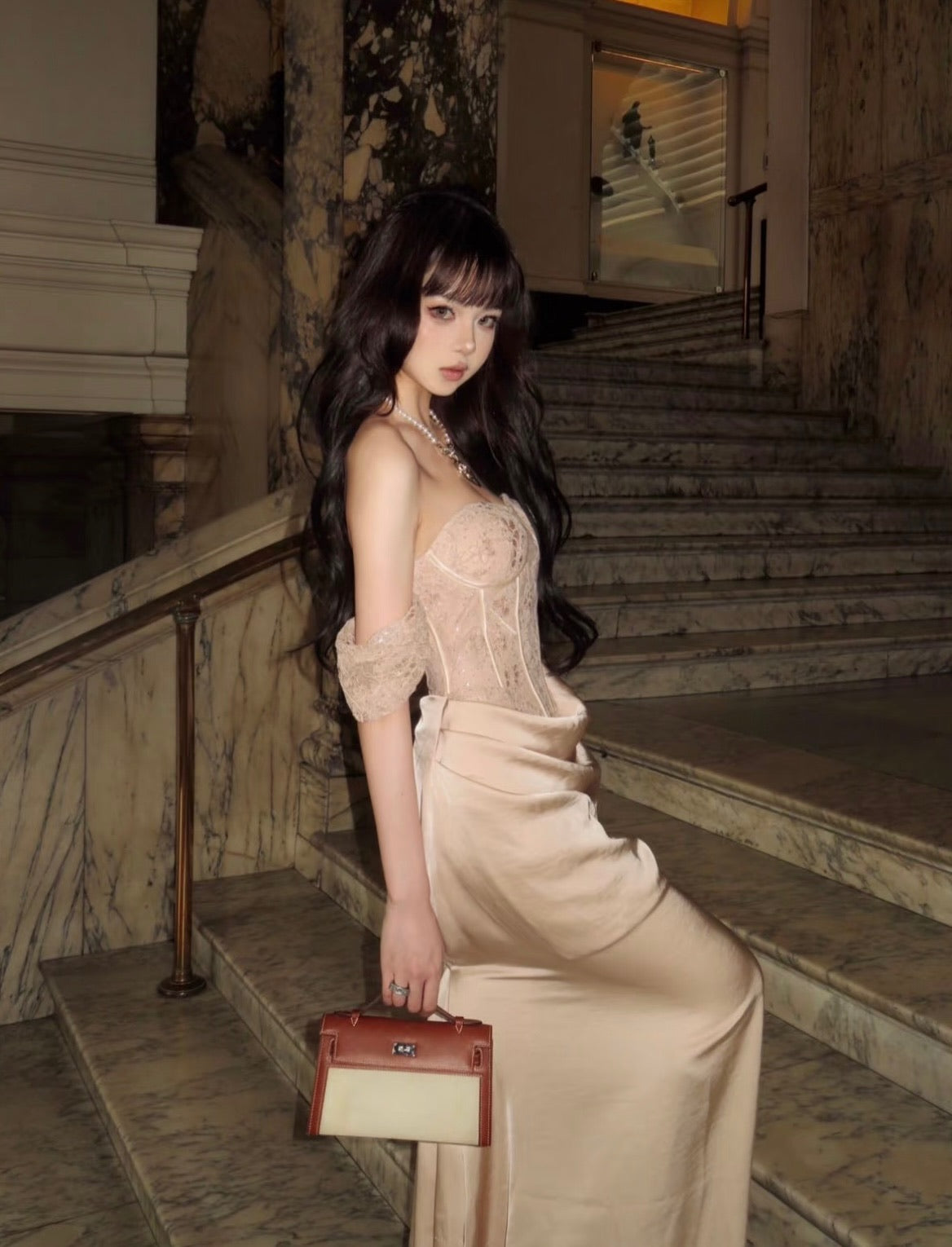 CROWCREW Gilded Double-Layer Fishbone Pleated Dress