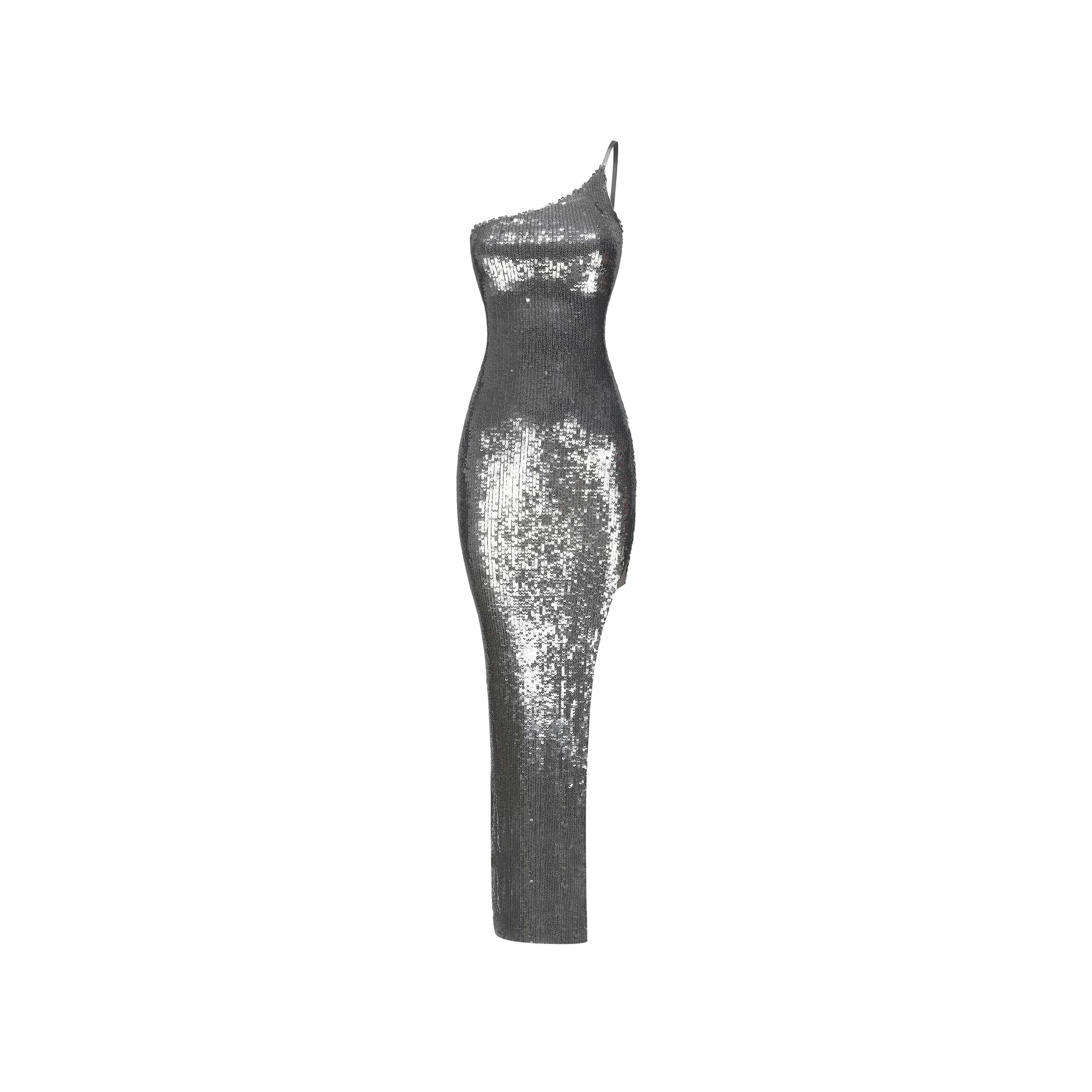 Silver Sequin Asymmetric Neckline Slim Madi Dress L Silver Sequin Asymmetric Neckline Slim Madi Dress L