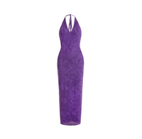 Xenasera Purple Snake Print Stretch Knit Backless Split Snake Maxi Dress