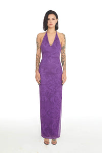 Xenasera Purple Snake Print Stretch Knit Backless Split Snake Maxi Dress