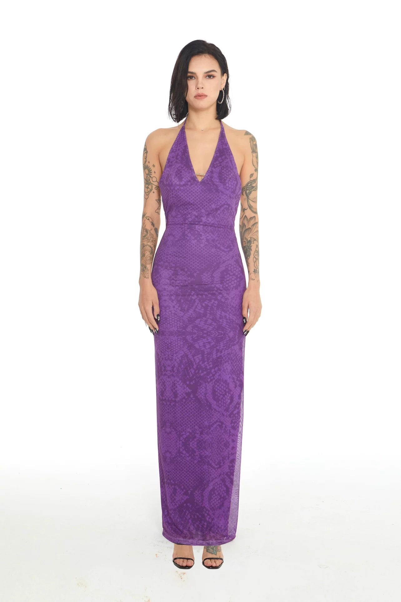 Xenasera Purple Snake Print Stretch Knit Backless Split Snake Maxi Dress