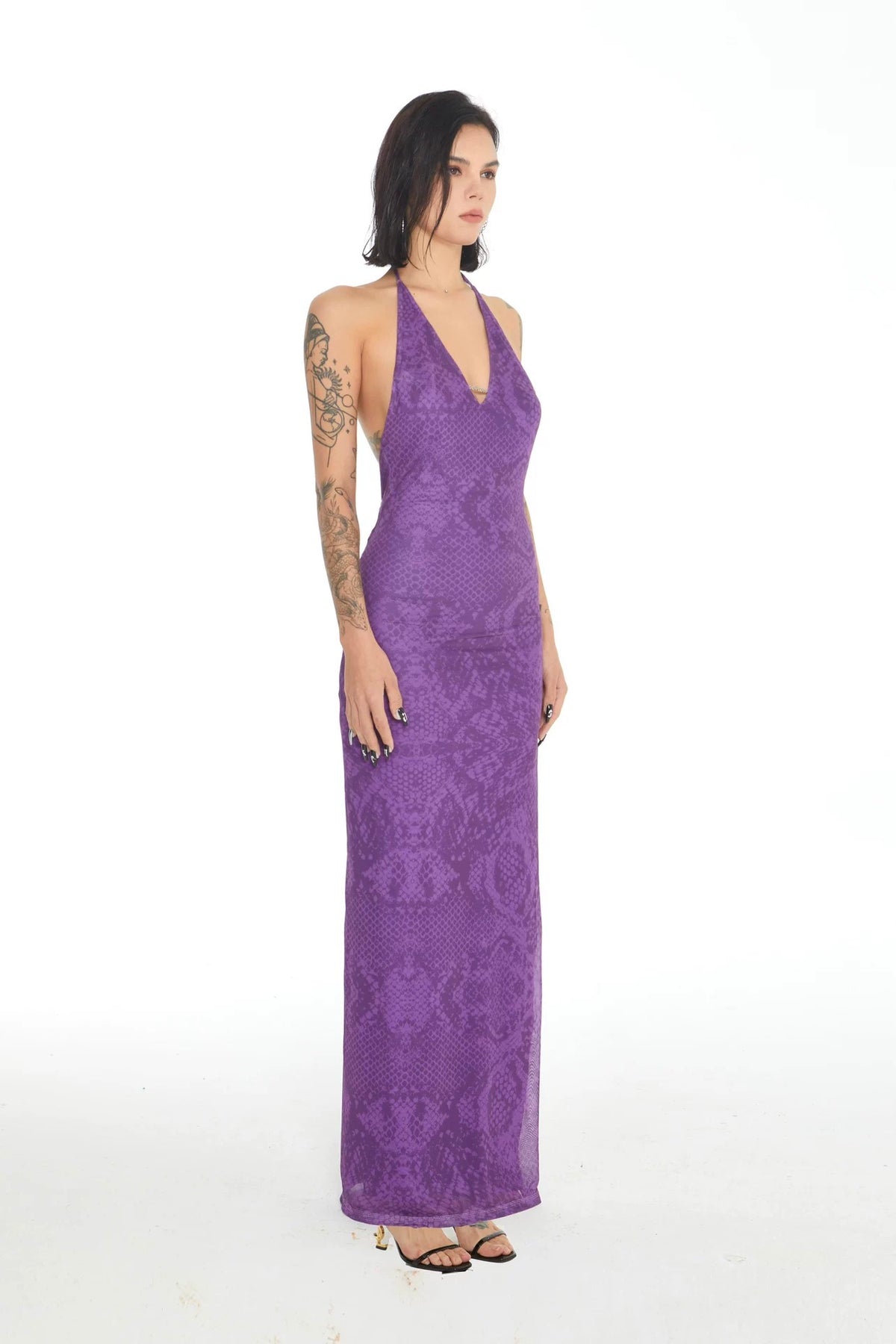 Xenasera Purple Snake Print Stretch Knit Backless Split Snake Maxi Dress
