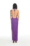 Xenasera Purple Snake Print Stretch Knit Backless Split Snake Maxi Dress