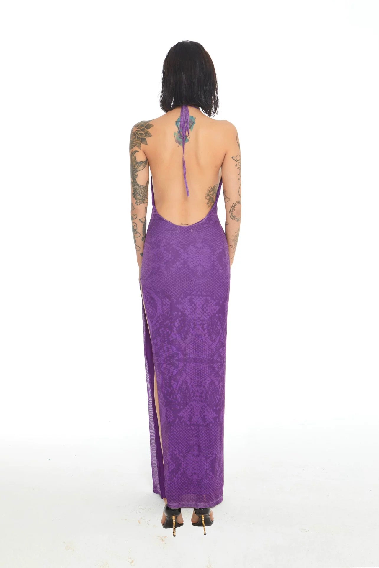 Xenasera Purple Snake Print Stretch Knit Backless Split Snake Maxi Dress