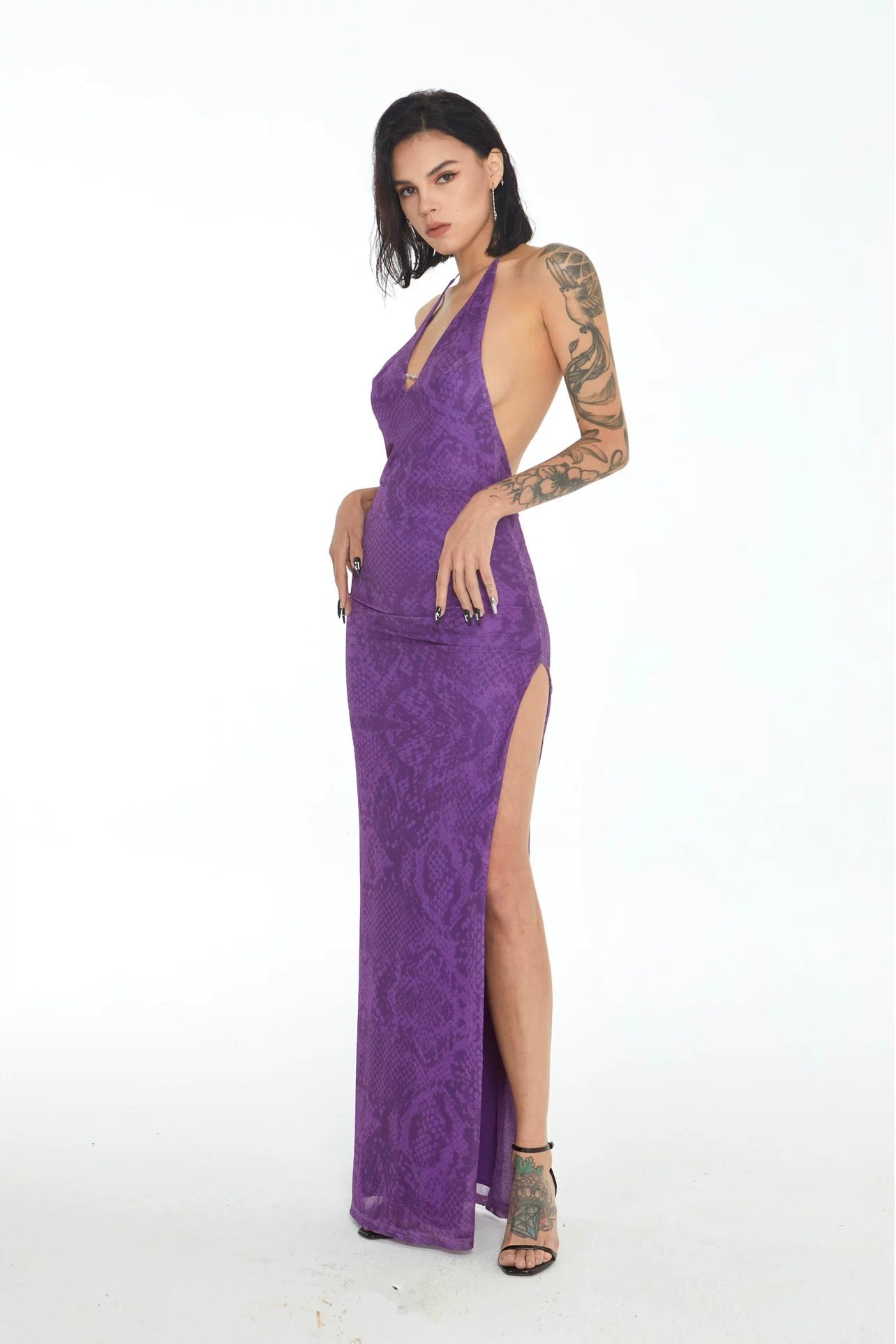 Xenasera Purple Snake Print Stretch Knit Backless Split Snake Maxi Dress S Xenasera Purple Snake Print Stretch Knit Backless Split Snake Maxi Dress S