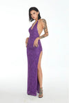 Xenasera Purple Snake Print Stretch Knit Backless Split Snake Maxi Dress