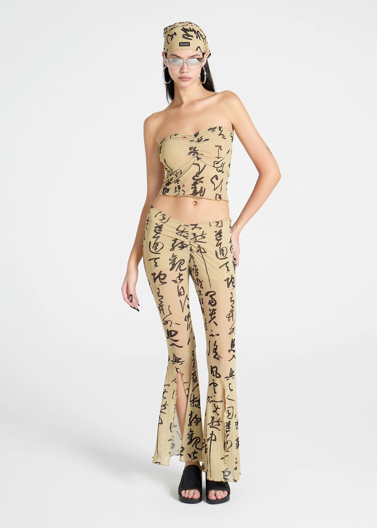 Chinese Word Print Pleated tube top and Flared Pants Set