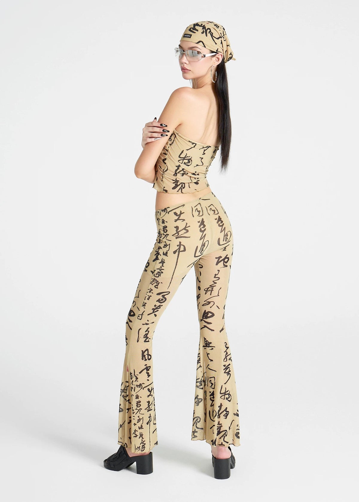 Chinese Word Print Pleated tube top and Flared Pants Set