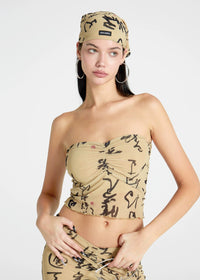 Chinese Word Print Pleated tube top and Flared Pants Set