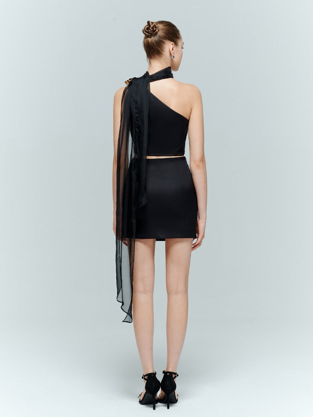 Artel Retro Black Asymmetric Neckline Top Mini Skirt Set
