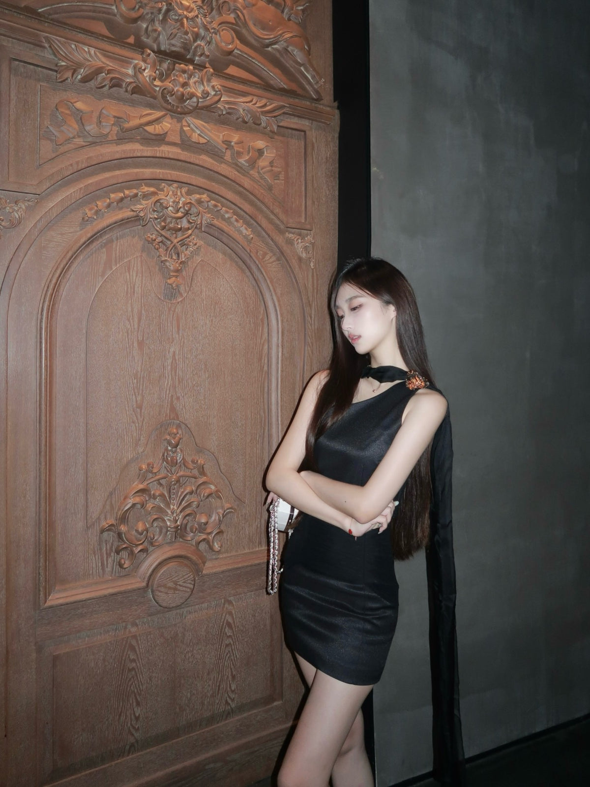 Artel Retro Black Asymmetric Neckline Top Mini Skirt Set