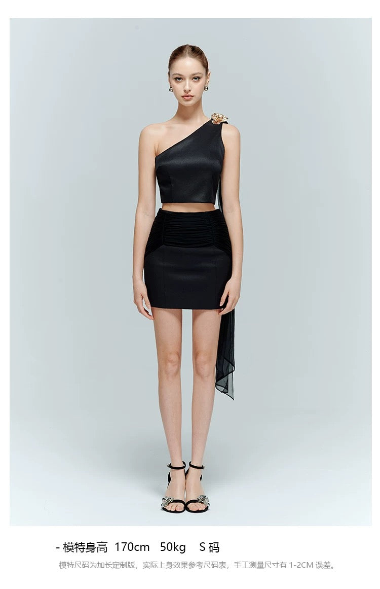 Artel Retro Black Asymmetric Neckline Top Mini Skirt Set